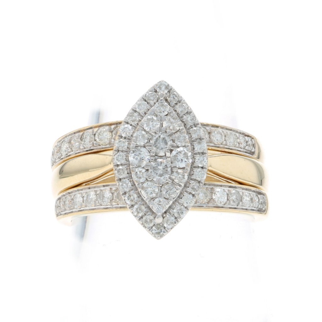Yellow Gold Diamond Cluster Halo Engagement Ring & Wedding Bands 14k Rd 1.00ctw